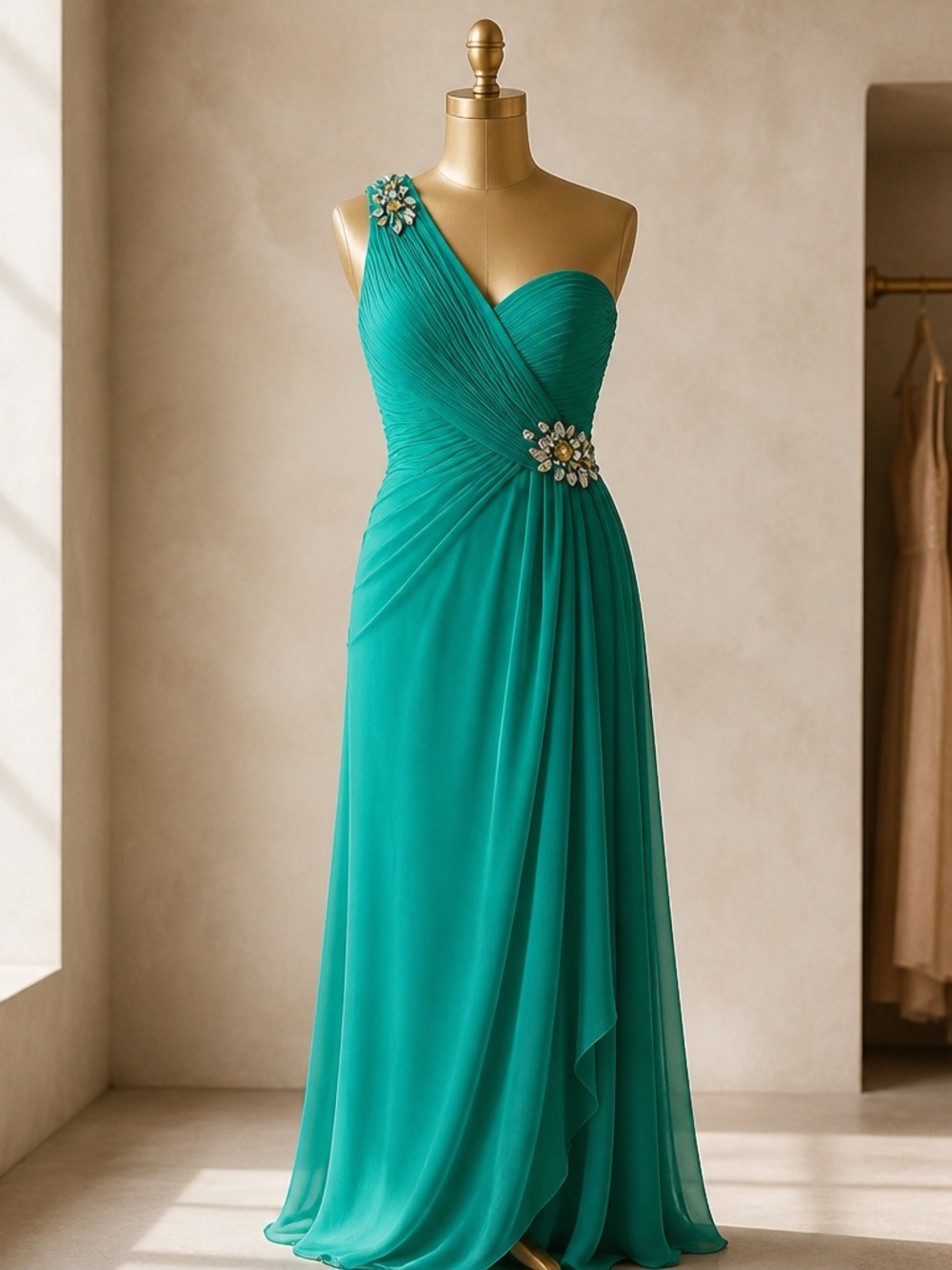 Mac Duggal Teal One-Shoulder Evening Gown with Crystal Floral Accents